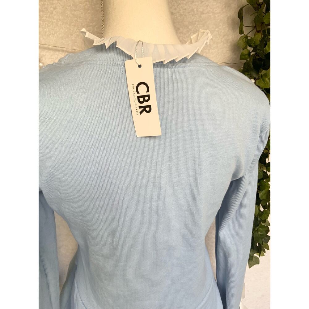NWT CBR Blue Ruffled Collar Beaded with Bows Long Sleeved Blouse Women's Large - Picture 10 of 11